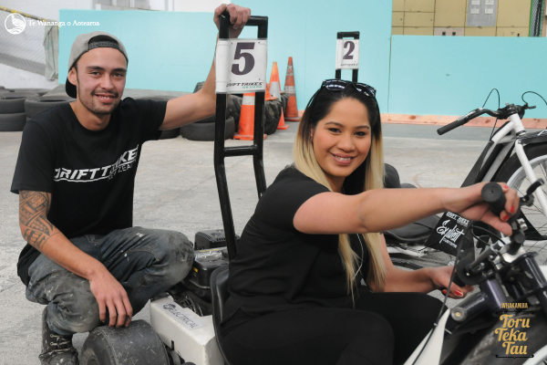 What is  possibly the world’s first indoor drift trike centre is on the home straight with Te Wānanga o Aotearoa graduate Rawinia Rimene behind the wheel.