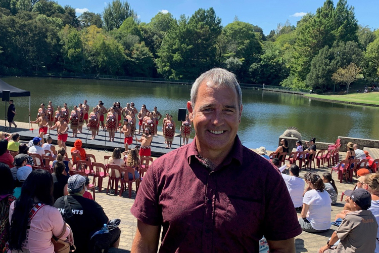 Geoff Taylor at haka event in Hamilton Gardens