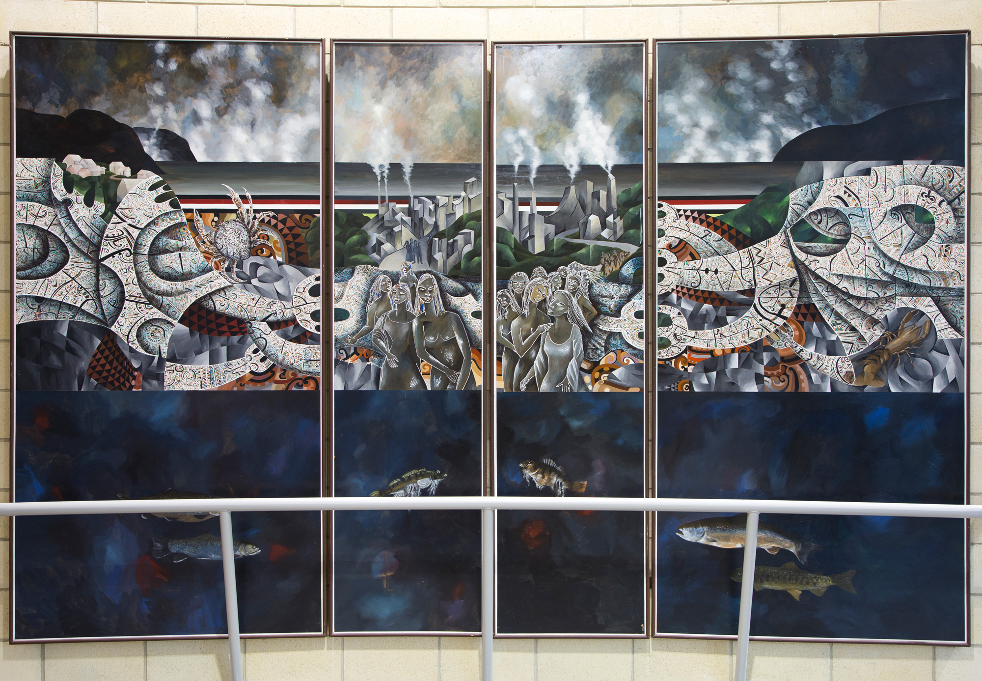 Artist: Buck Nin. Iwi: Ngāti Raukawa, Ngāti Toa. Artwork: The Polluted Land 1993. Material: Acrylic on hardboard 