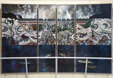 Artist: Buck Nin. Iwi: Ngāti Raukawa, Ngāti Toa. Artwork: The Polluted Land 1993. Material: Acrylic on hardboard 