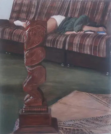 Artist: Hiria Anderson-Mita. Iwi: Rereahu, Ngāti Maniapoto, Ngāti Apakura. Artwork: She slept through the hui 2017. Material: Acrylic on canvas 