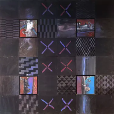 Artist: Sandy Adsett. Iwi: Ngāti Kahungunu, Ngāti Pahauwera. Artwork: Around the square 2004. Material: Acrylic on board 