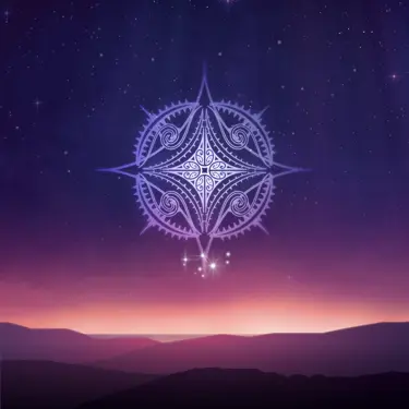 Matariki star pattern with purple and ink landscape background