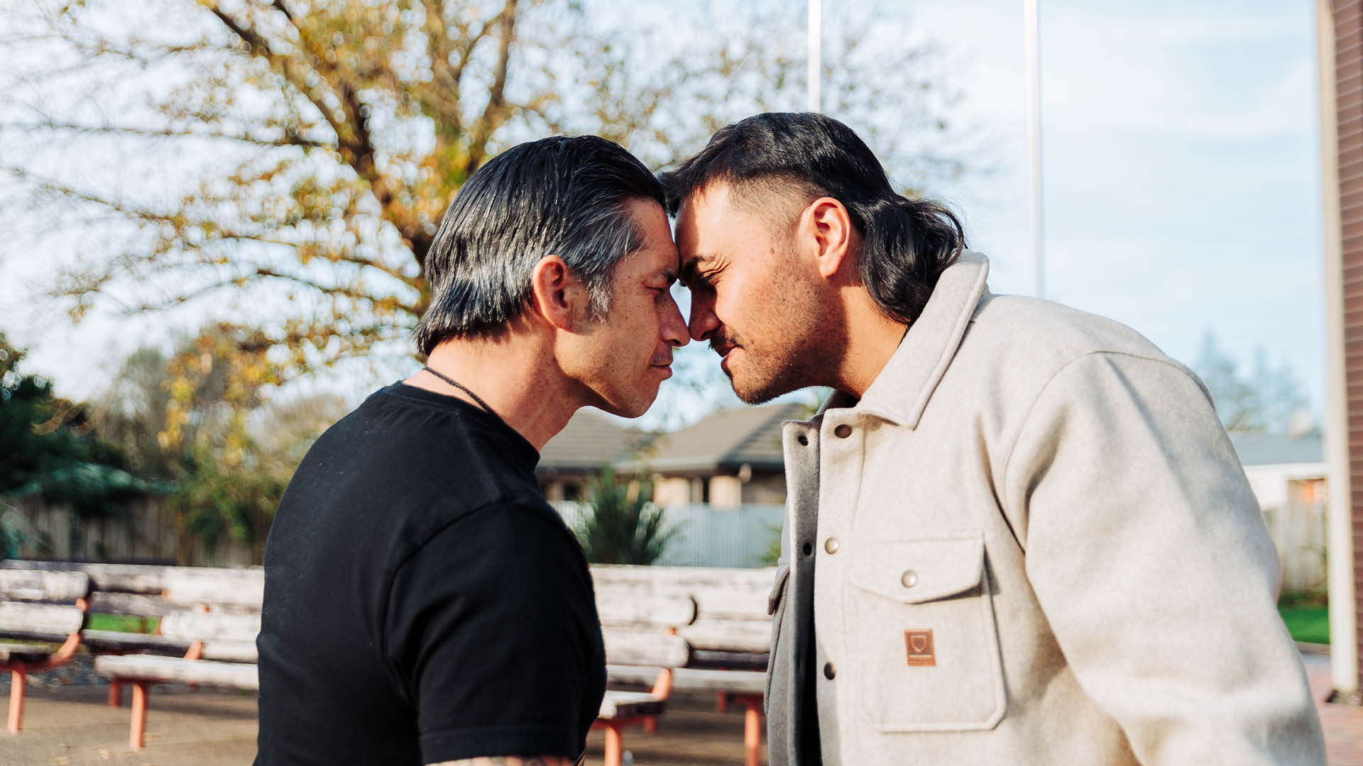 Te Wānanga o Aotearoa_Te Tirohanga Maori_He Tikanga Whakaaro. Two men partaking in a Hongi. 