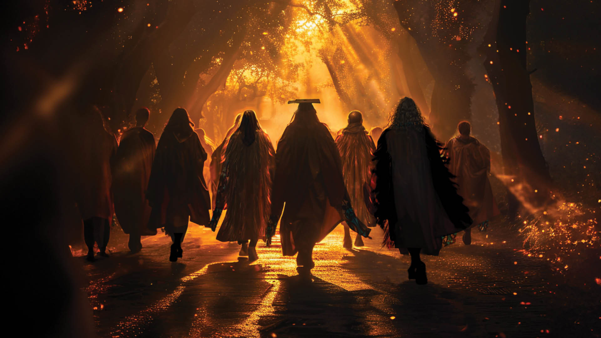 Kāpuia graduates graphic artwork of people in academic dress walking through the forest