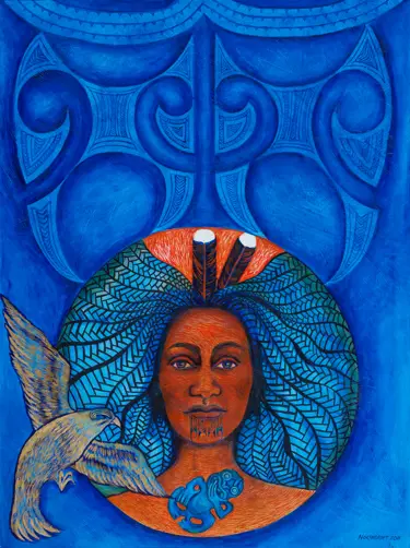 Artist: June Grant. Iwi: Te Arawa, Ngāti Tuwharetoa, Tuhourangi, Ngāti    Wahiao. Artwork: Kauwae Runga 2011. Material: Acrylic on canvas 