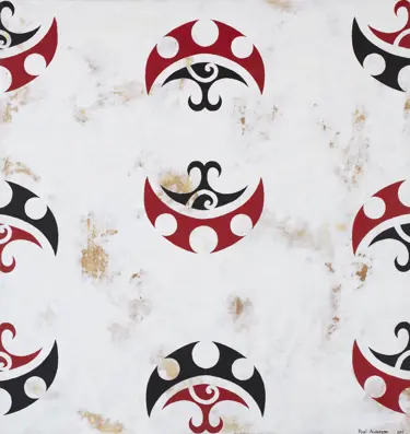 Artist: Paul Anderson. Iwi: Ngāti Maniapoto. Artwork: Ngutu Kākā 2011. Material: Acrylic on canvas
