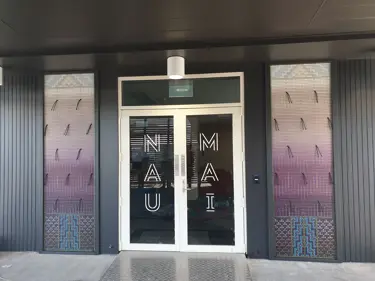 Artist: Kim Kahu. Iwi: Ngāruahine. Artwork: Te Ara Manakohi (The journey of learning) 2020. Material: Rex lace, ACM and wooden D moulds 