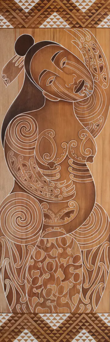 Artist: Jordyn Daniels. Iwi: Ngāi Tahu. Artwork: Papatūānuku 2022. Material: Acrylic and natural earthen watercolour on recycled Rimu. 