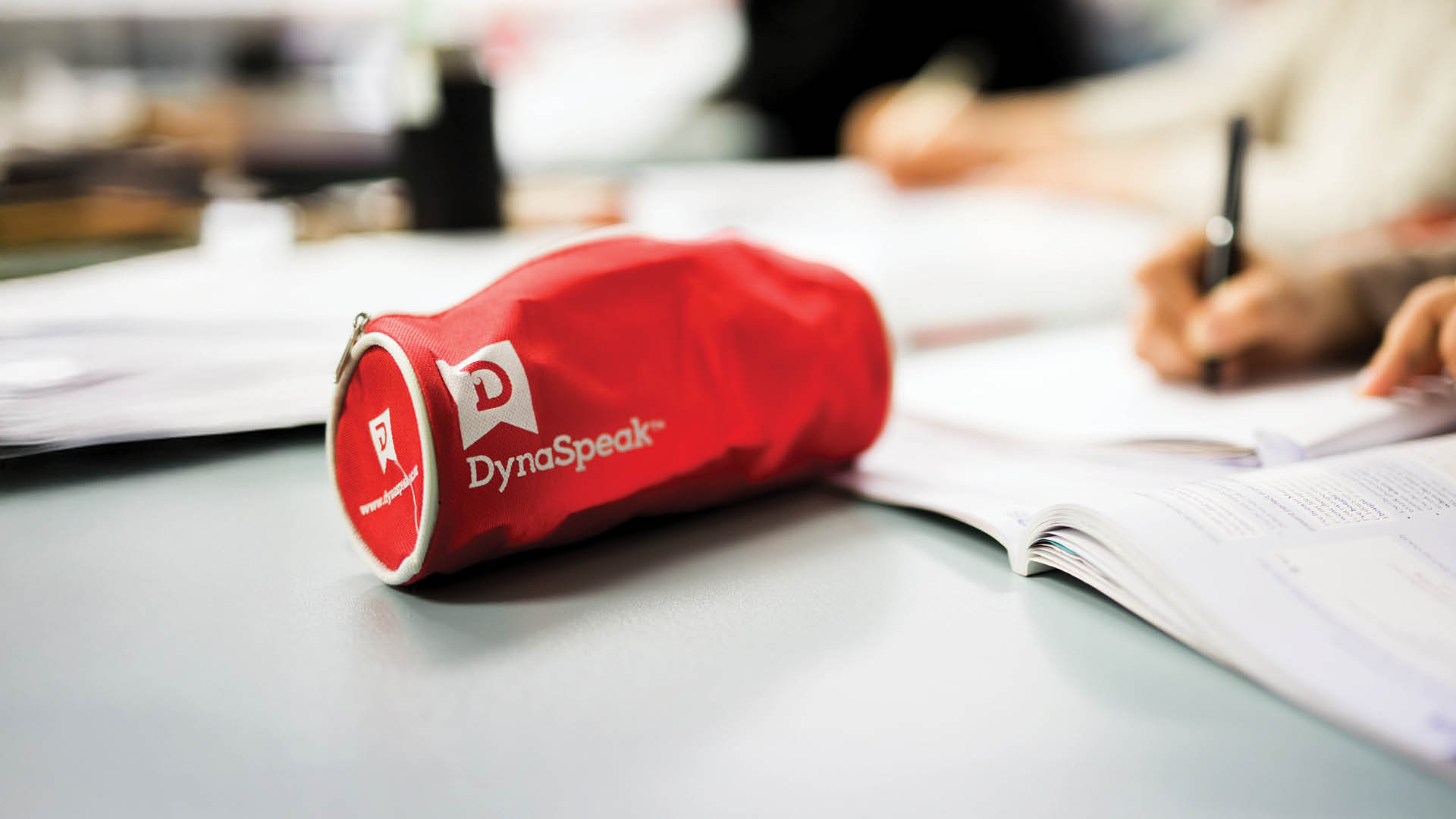 Te Wānanga o Aotearoa_Te Reo Ingarihi Dynaspeak. Branded pencil case on table 