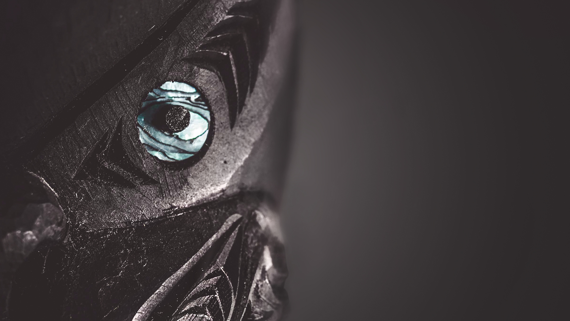 Te Wānanga o Aotearoa_Te Tirohanga  Māori_He Waka Hiringa. Close up of carving focusing on paua insert for eye.