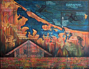 Artist: Regan Balzer. Iwi: Te Arawa, Ngāti Ranginui, Raukawa, Apakura. Artwork: Te Tū Mokemoke: The footsteps of my tupuna 2016. Material: Acrylic on linen 