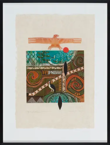 Artist: Gabrielle Belz. Iwi: Ngāpuhi, Te Atiawa. Artwork: Between the Tāmaki and the Manukau- He aho Footsteps on the land 2006. Material: Reduction linocut on harakeke paper