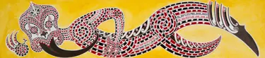 Artist: Petera Te Hiwirori Hatea. Iwi: Rongowhakaata, Ngāi Tūhoe, Ngāti Kahungunu, Ngāpuhi. Artwork: Taniwha 2011. Material: Acrylic, shellac & ink on hardboard 